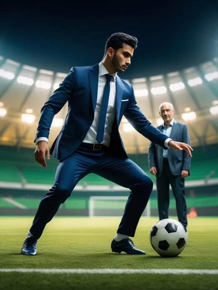 رجل أعمال يلعب كرة القدم في الملعب